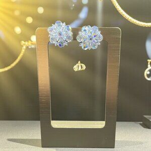 Vintage Aurora‎ Borealis Crystal Clip On Earrings Iridescent Cluster Jewelry